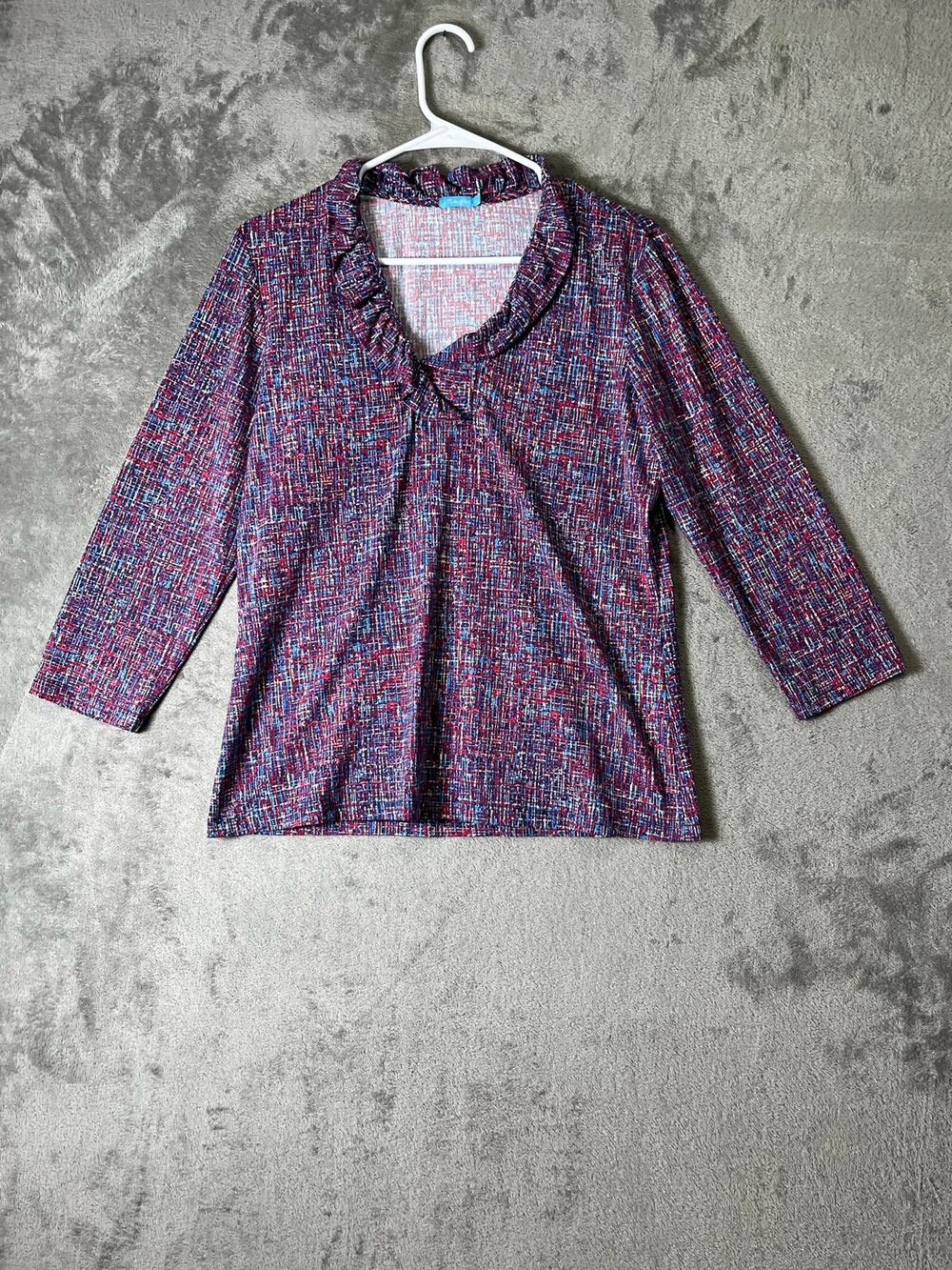 J.McLaughlin Ruffle Collar 3/4 Sleeve Catalina Cloth Stretch Knit Top Blouse L